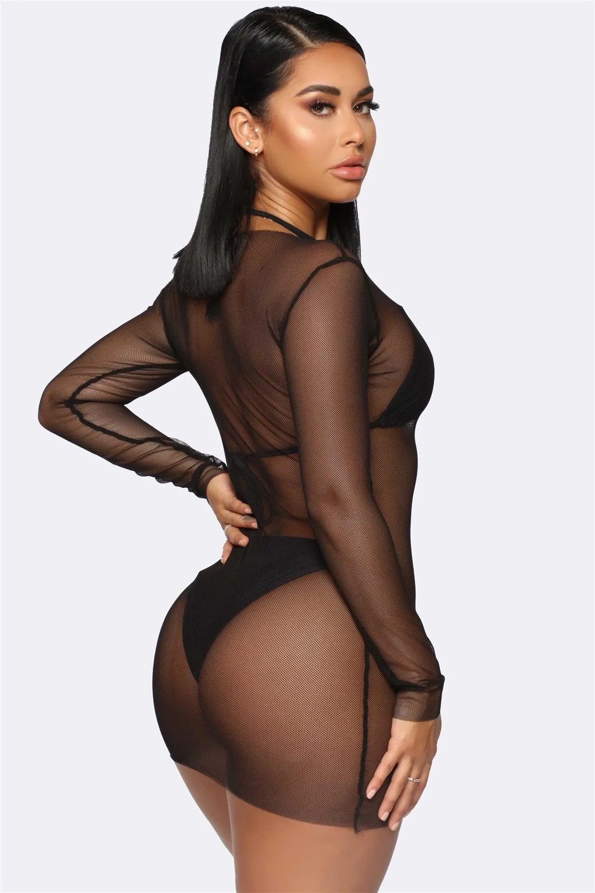 Triangle Top & Self-Tie Bottom Bikini With Mesh Coverup Mini Dress 3 Piece Set Swimwear - Tasha Apparel Wholesale