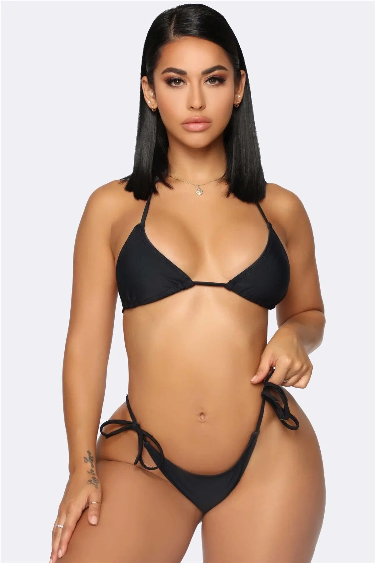 Triangle Top & Self-Tie Bottom Bikini With Mesh Coverup Mini Dress 3 Piece Set Swimwear - Tasha Apparel Wholesale