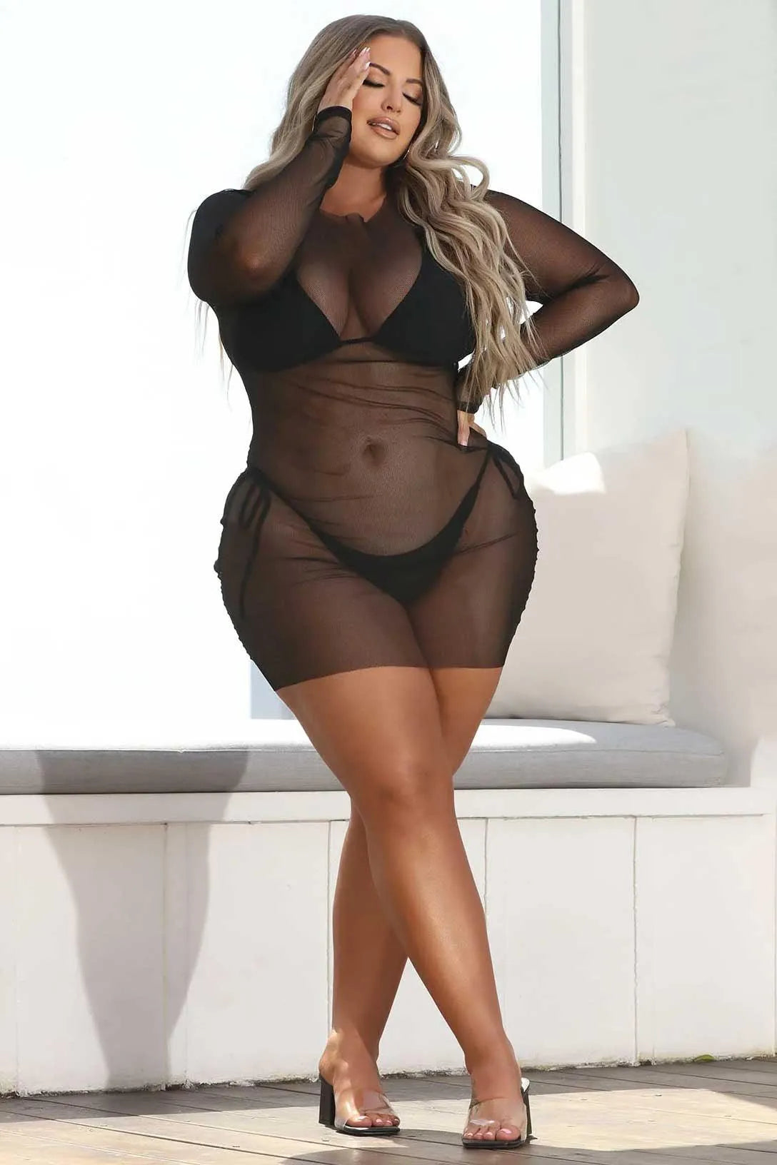 Triangle Top & Self-Tie Bottom Bikini With Mesh Coverup Mini Dress 3 Piece Set Swimwear - Tasha Apparel Wholesale