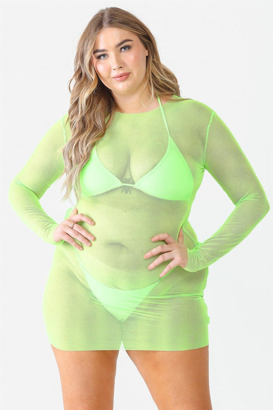 Neon Green Triangle Top Self-Tie Bottom Bikini & Mesh Coverup Mini Dress 3 Piece Set Swimwear