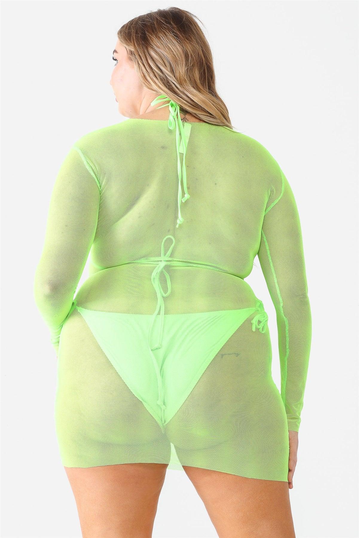 Neon Green Triangle Top & Self-Tie Bottom Bikini & Long Sleeve Mesh Cover-Up Mini Dress 3 Piece Set Swimwear
