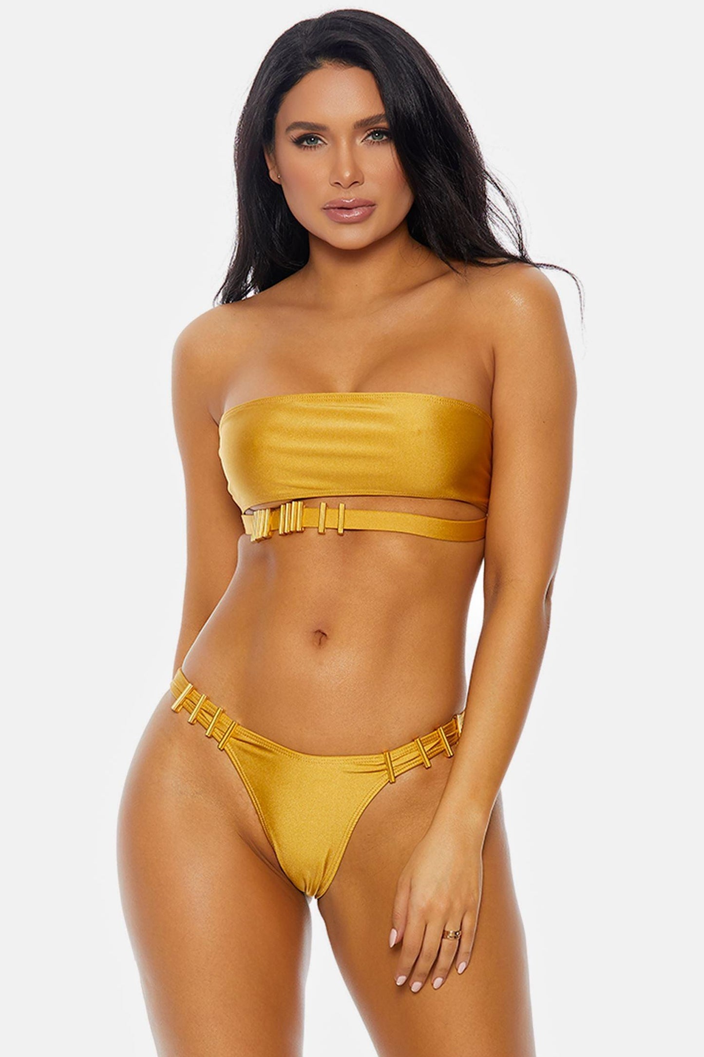 Gold Cali Tube Bandeau Gold Metal Hardware High Cut Bottoms Sexy Bikini Swimwear 2 Piece Set
