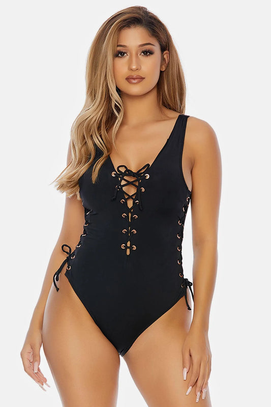 Black Lace-Up Front and Side Panels One Piece Swimsuit - Tasha Apparel Wholesale