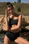 Black One-Shoulder Lace-Up Side Tube Top & High-Waisted Lace-Up Front Bikini Bottom Swimsuit /2-2-1