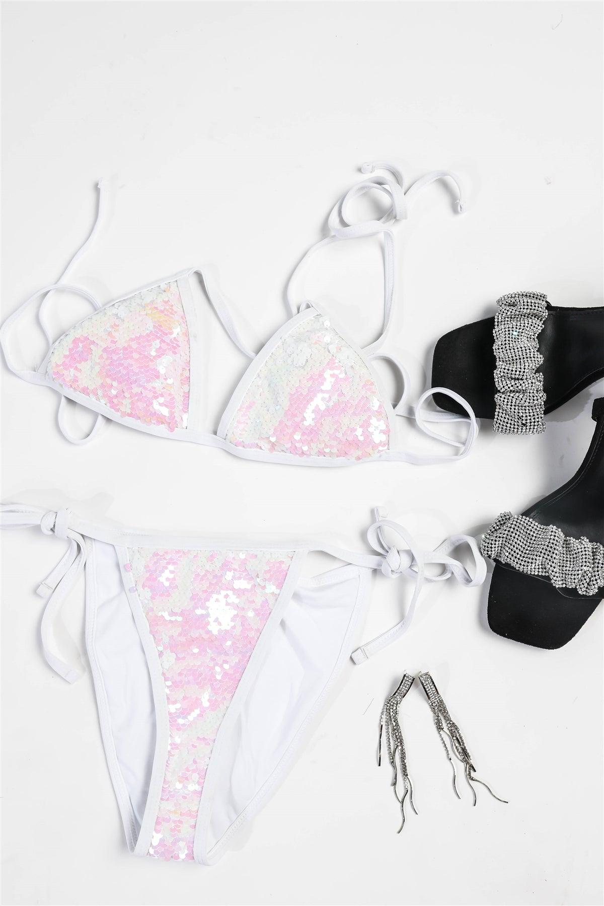 White Mermaid Sequin Halter Triangle Top & Self-Tie Bottom Bikini Set Swimsuit