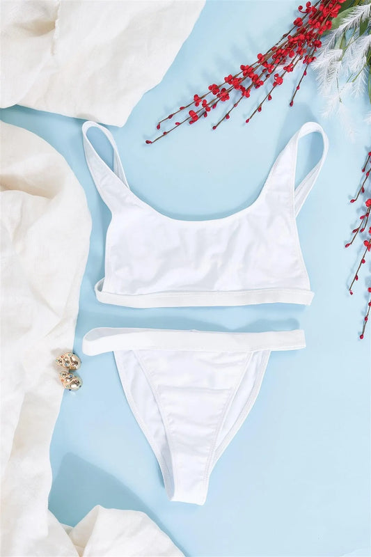 White Satin Effect Round Neck Bikini Top & Cheeky Bottom - Tasha Apparel Wholesale
