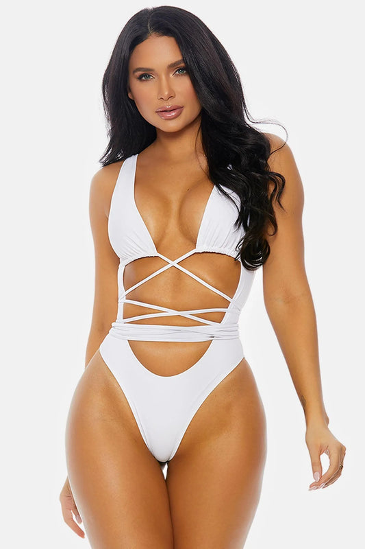 White Cut-Out Criss Cross Wrap Brazilian One Piece Swimsuit - Tasha Apparel Wholesale