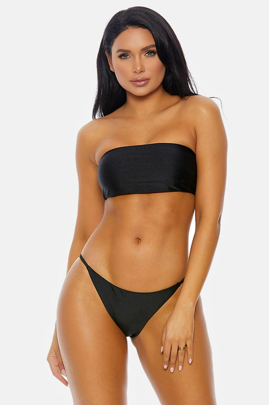 Black Basic Tube Bandeau String Bottoms Bikini Swimwear 2 Piece Set - Tasha Apparel Wholesale