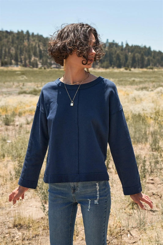Indigo Inside Out Imitation Long Sleeve Dropped Shoulder Top /1-1-2-1 - Tasha Apparel Wholesale