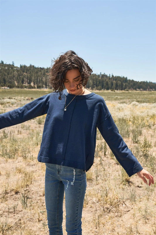 Indigo Inside Out Imitation Long Sleeve Dropped Shoulder Top /1-2-2-1 - Tasha Apparel Wholesale