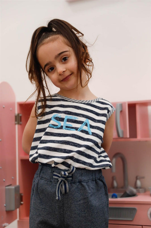 Little Toddler Girls Navy Stripe 'Sea" Print Sleeveless Top - Tasha Apparel Wholesale