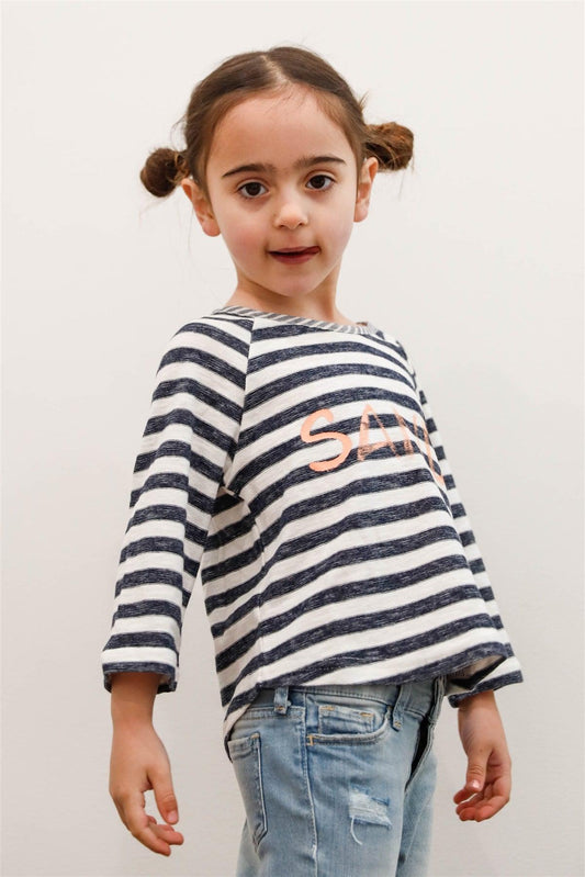 Little Girls Navy & White Stripe "Sand" Print Long Sleeve Top - Tasha Apparel Wholesale