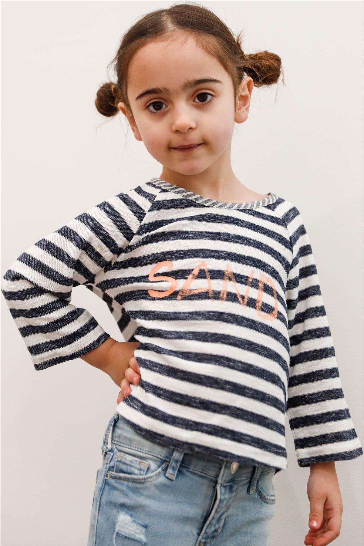 Toddler Girls Navy & White Stripe "Sand" Print Long Sleeve Top /2-2-2-2