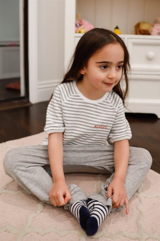 Toddler Girls "Merci" Grey Cotton Stripe Short Sleeve Top /2-2-3 - Tasha Apparel Wholesale