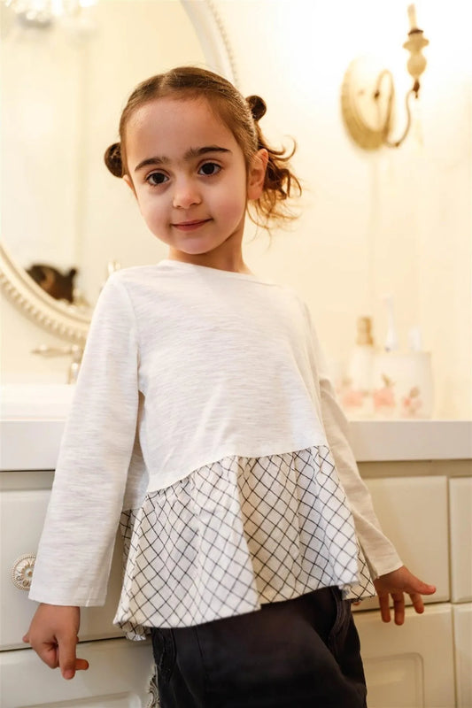 Toddler Girls Off-White Plaid Flare Hem Back Tie Detail Top /1-2-2-3 - Tasha Apparel Wholesale