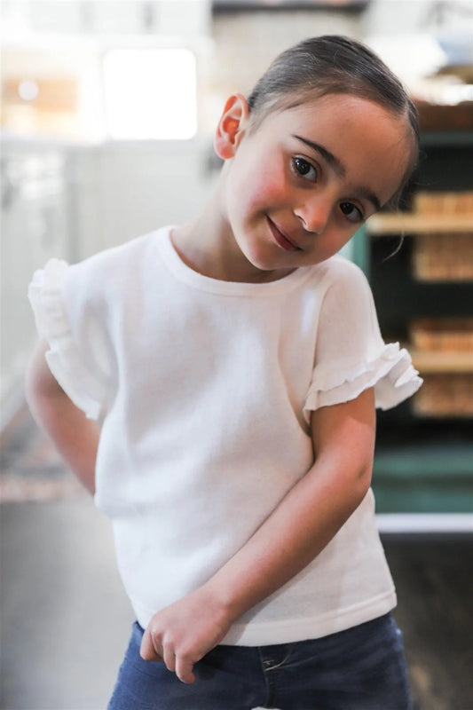 Toddler Girls Off-White Cotton Ruffle Trim Sleeve Top /1-2-1 - Tasha Apparel Wholesale