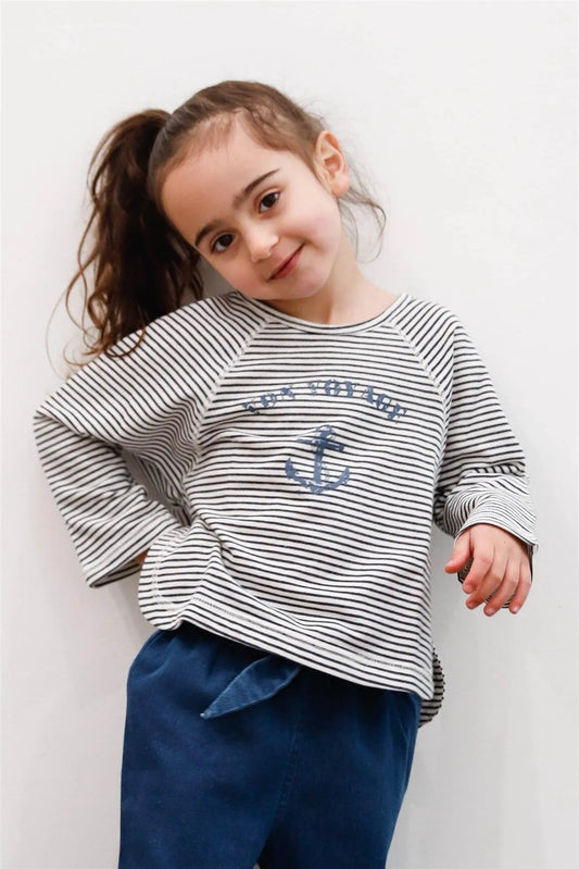 Toddler Girls Navy Striped Cotton Blend Marine Print Long Sleeve Top /3-1-3 - Tasha Apparel Wholesale