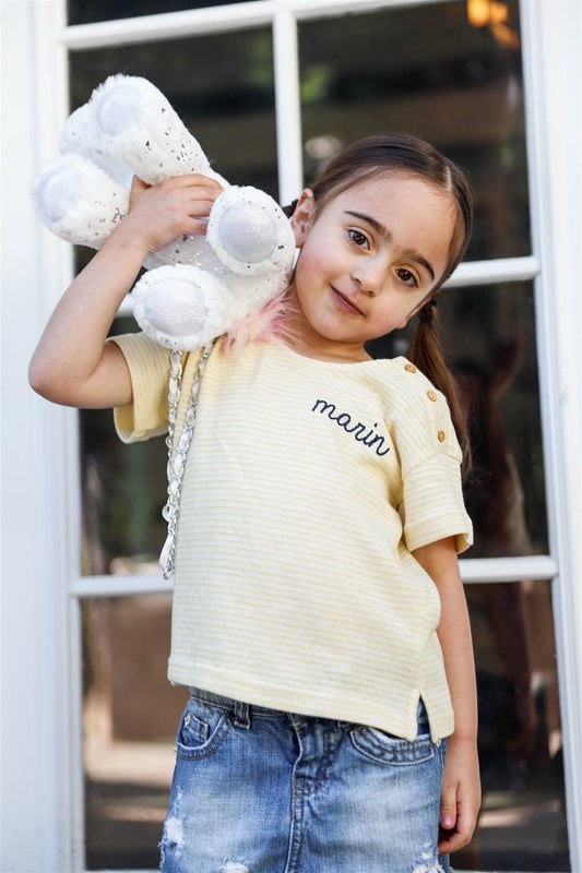 Toddler Little Girls Yellow Stripe "Marin" Side Button Details Top - Tasha Apparel Wholesale