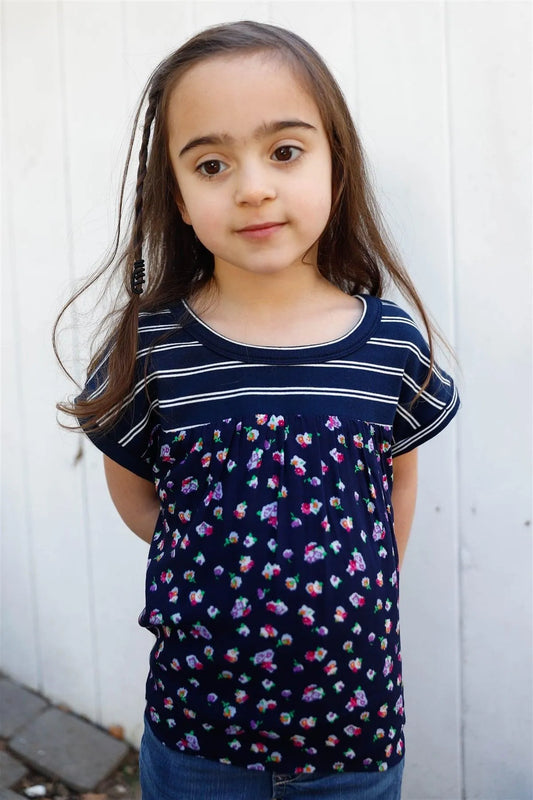 Little Toddler Girls Navy Stripe & Floral Print Short Sleeve Top - Tasha Apparel Wholesale
