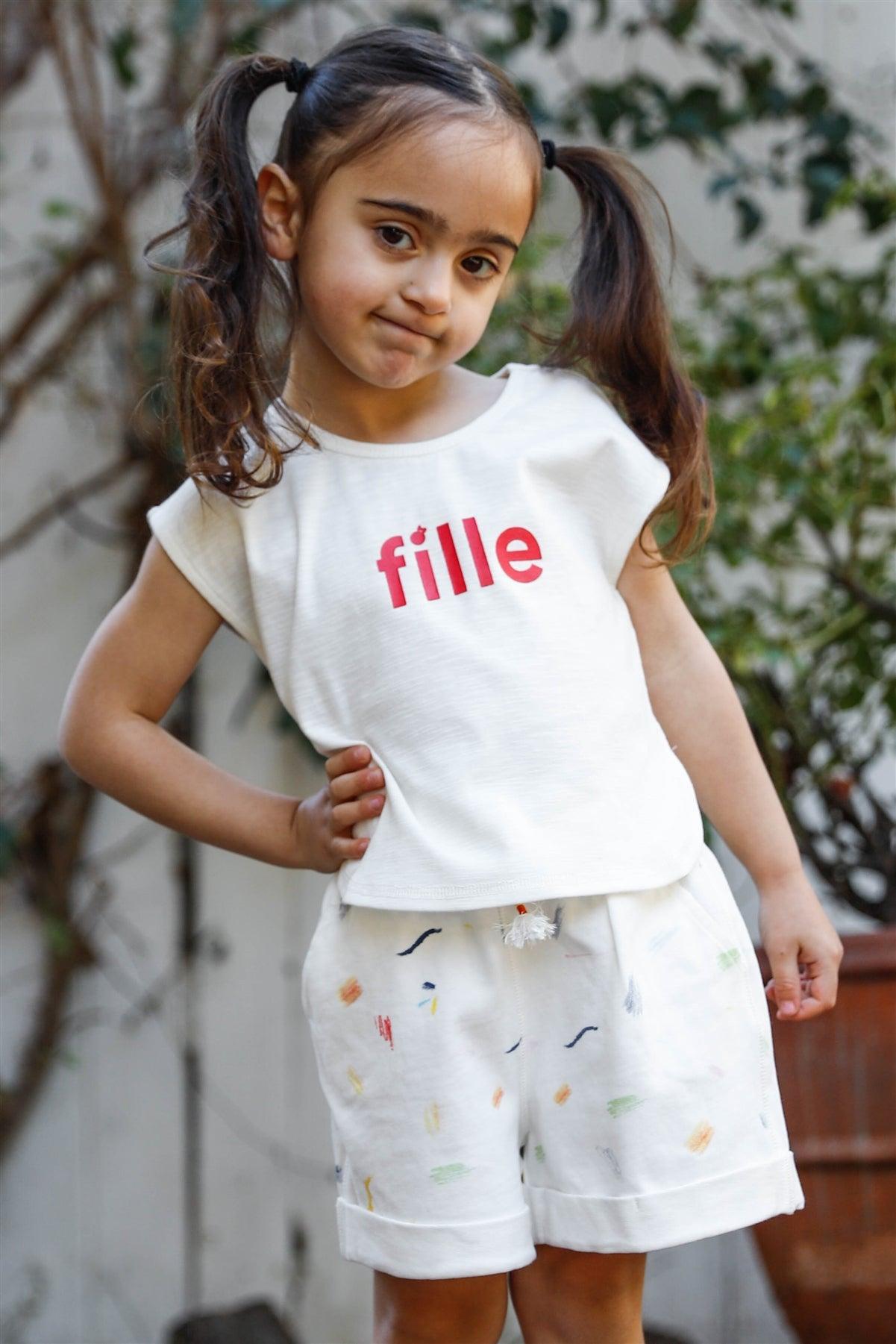 Girls "Fille" Off-White Textured Short Sleeve Top /1-2-3-1