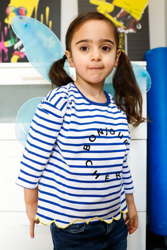 Toddler Girls Blue Stripe "Bonjour" Print Contrast Lettuce Edge Back Button Up Detail Top /1-3-2 - Tasha Apparel Wholesale