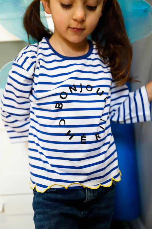 Toddler Girls Blue Stripe "Bonjour" Print Contrast Lettuce Edge Back Button Up Detail Top /1-2-2-1 - Tasha Apparel Wholesale