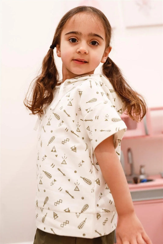 Toddler Girls Off-White Arrow & Feather Print Short Sleeve Hooded Top /1-2-2-1 - Tasha Apparel Wholesale