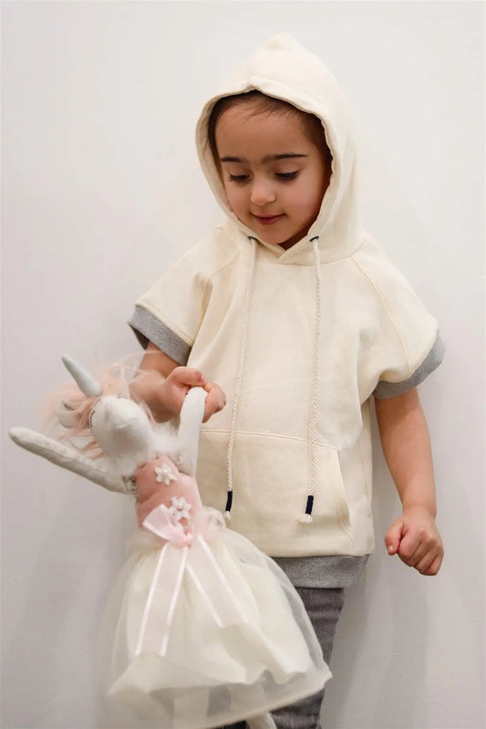Toddler Girls Cream Contrast Cuffs & Hem Short Sleeve Hooded Sweatshirt /1-1-1-1 - Tasha Apparel Wholesale