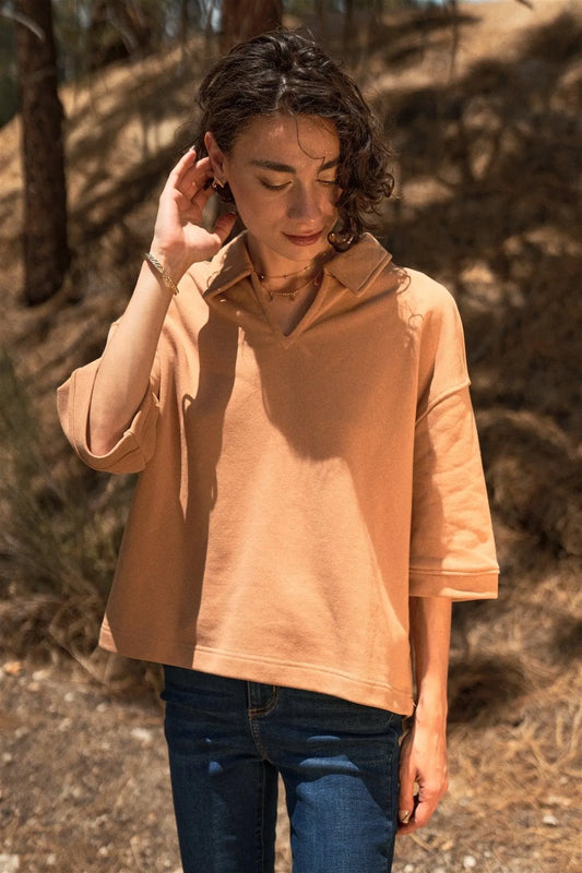 Camel Boxy Wide Half-Sleeve Collared Oversized Raglan Top - Tasha Apparel Wholesale