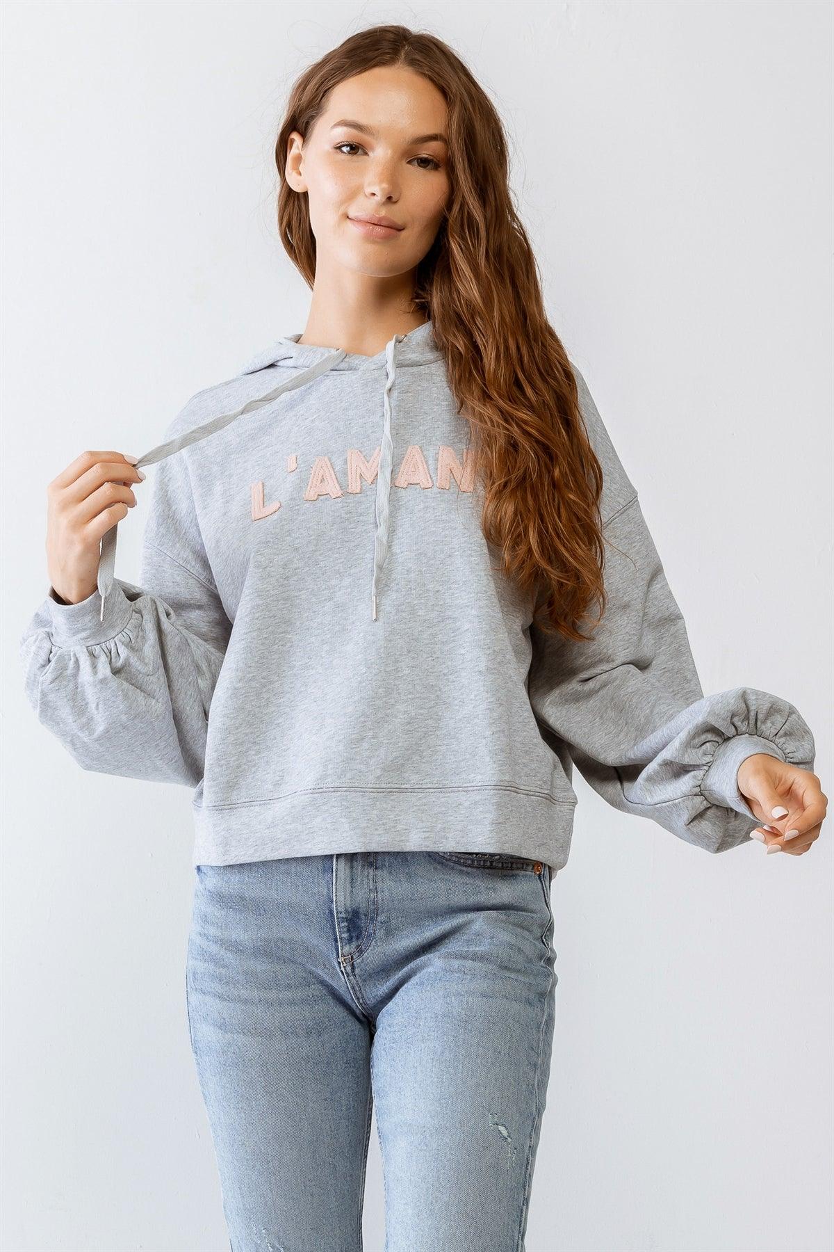 Heater Grey "L'AMANT" Print Long Sleeve Hooded Sweater /1-2-2-1