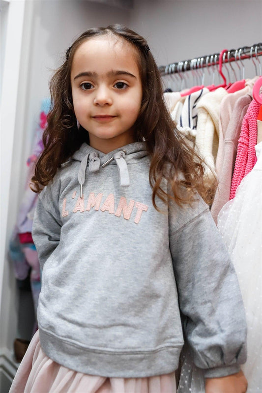 Toddler Girls Heather Grey Contrast "L'amant" Print Hooded Sweater /1-3-2 - Tasha Apparel Wholesale