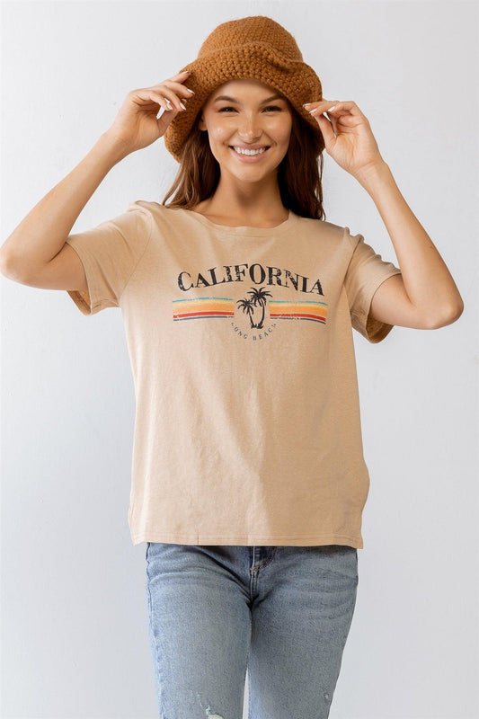 Ivory Cotton & Linen Blend Graphic Print "California" Short Sleeve T-Shirt Top /1-2-2-1 - Tasha Apparel Wholesale