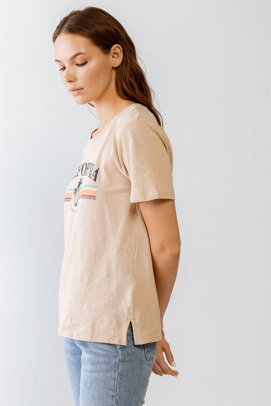 Ivory Cotton & Linen Blend Graphic Print "California" Short Sleeve T-Shirt Top /2-1-2-1 - Tasha Apparel Wholesale