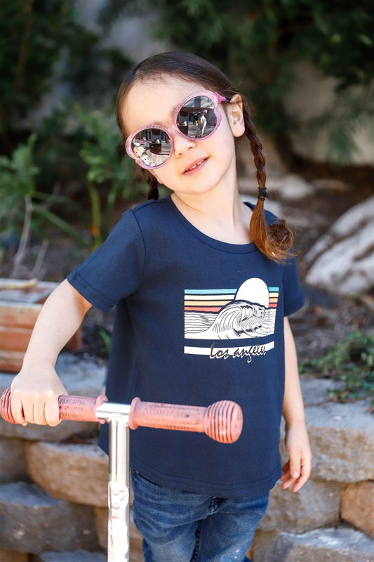 Little Girls Navy "Los Angeles" Print Short Sleeve" Top - Tasha Apparel Wholesale
