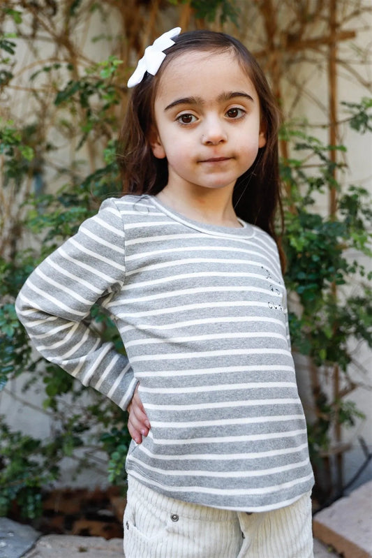 Little Girls Grey Striped Cotton Print Detail Long Sleeve Top - Tasha Apparel Wholesale