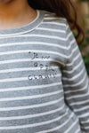Girls Grey Striped Cotton Print Detail Long Sleeve Top /2-2-2