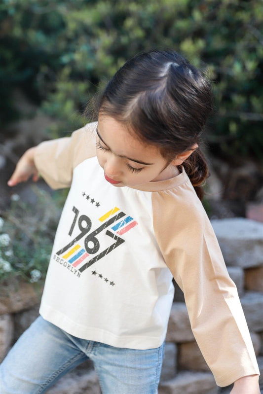 Toddler Girls Off-White Colorblock "Brooklyn 1967" Print Long Sleeve Top /2-1-2-1 - Tasha Apparel Wholesale