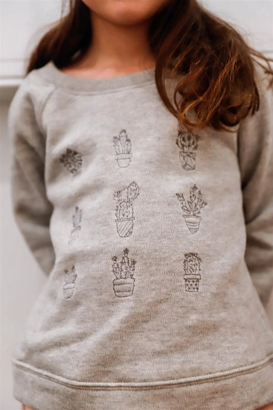 Toddler Girls Grey Cactus Embroidery Long Sleeve Sweater /1-2-1 - Tasha Apparel Wholesale