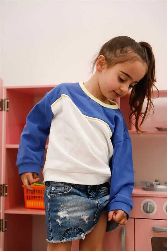 Toddler Girls Off-White & Blue Colorblock Contrast Trim Sweater /2-1 - Tasha Apparel Wholesale