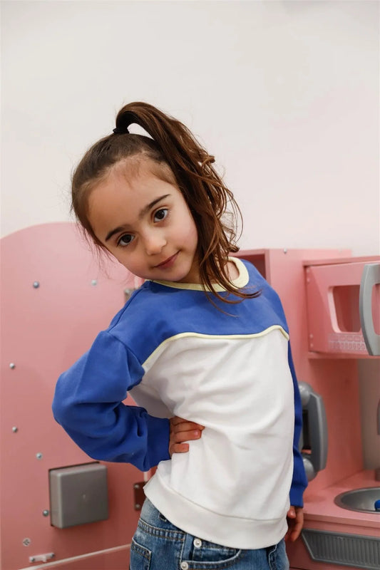 Toddler Girls Off-White & Blue Colorblock Contrast Trim Sweater /1-2-2-1 - Tasha Apparel Wholesale