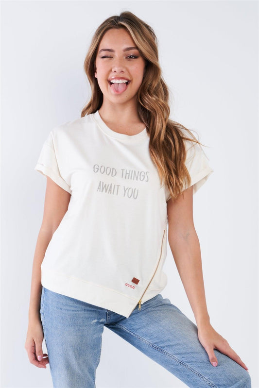 Pristine Short Sleeve "Good Things Await You" Asymmetrical Zipper Top - Tasha Apparel Wholesale