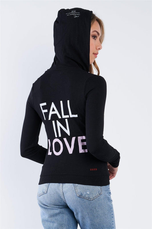 Black Long Sleeve "Fall In Love" Zip Up Hoodie Sweatshirt - Tasha Apparel Wholesale