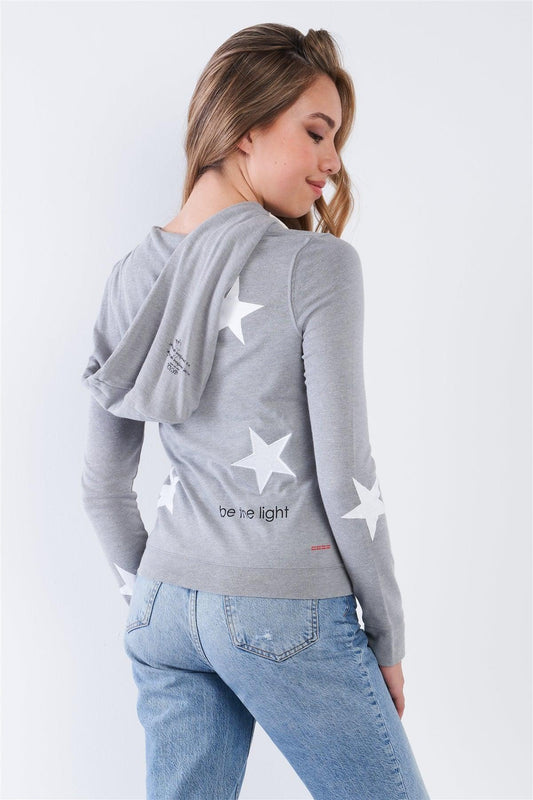 Heather Grey Long Sleeve Star "Be The Light" Zip Up Hoodie - Tasha Apparel Wholesale