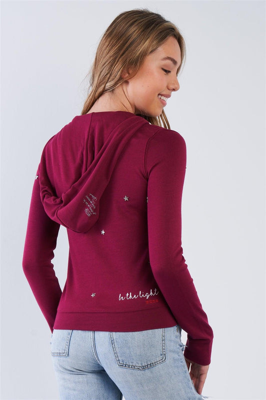 Plum Long Sleeve "Be The Light" Graphic Star Studded Comfy Zip Up Hoodie - Tasha Apparel Wholesale