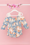 Girls Boho Floral Blue Cold Shoulder Crochet Detail Top /2-2-1-1