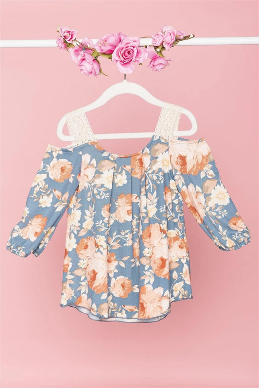 Toddler Girls Boho Floral Blue Cold Shoulder Crochet Detail Top /2-2-1-1 - Tasha Apparel Wholesale