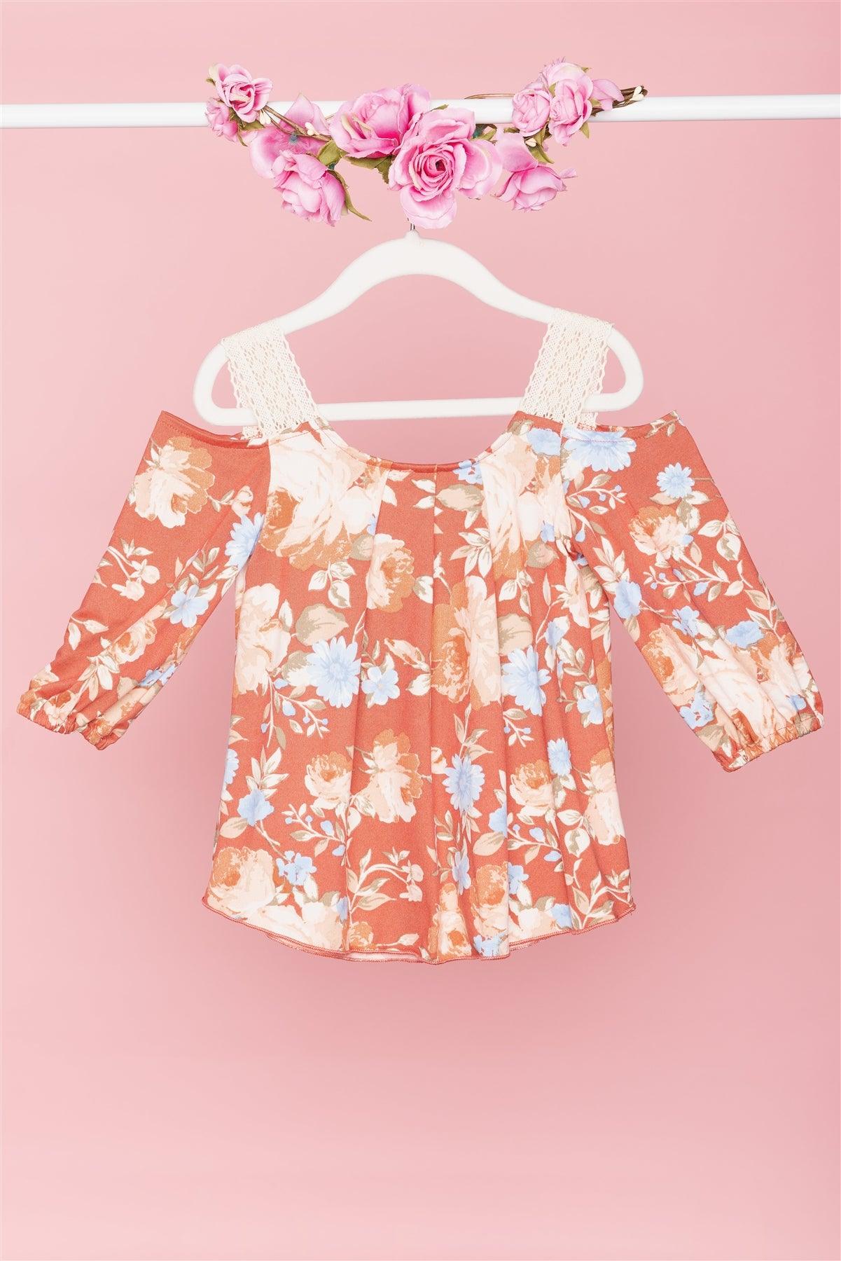 Girls Boho Floral Rust Cold Shoulder Crochet Detail Top /3-1