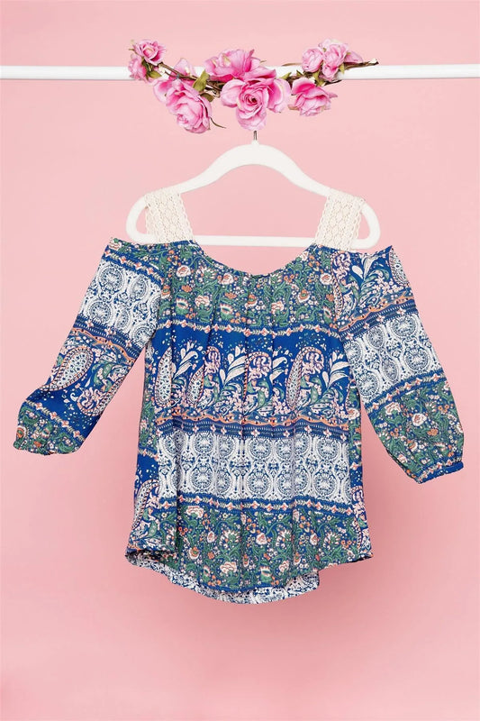 Toddler Girls Boho Multi Blue Cold Shoulder Crochet Detail Top /1-2-2-2 - Tasha Apparel Wholesale