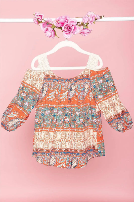 Toddler Girls Boho Multi Red Cold Shoulder Crochet Detail Top /1-1-1-1-1 - Tasha Apparel Wholesale