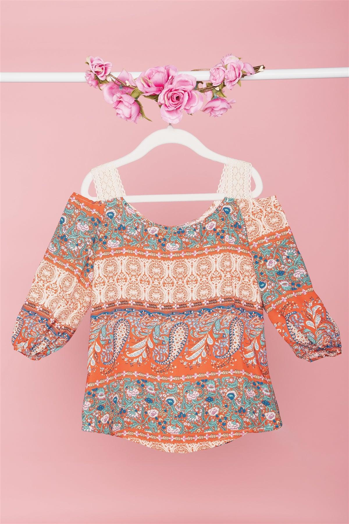 Toddler Girls Boho Multi Red Cold Shoulder Crochet Detail Top /1-1-1-1-1
